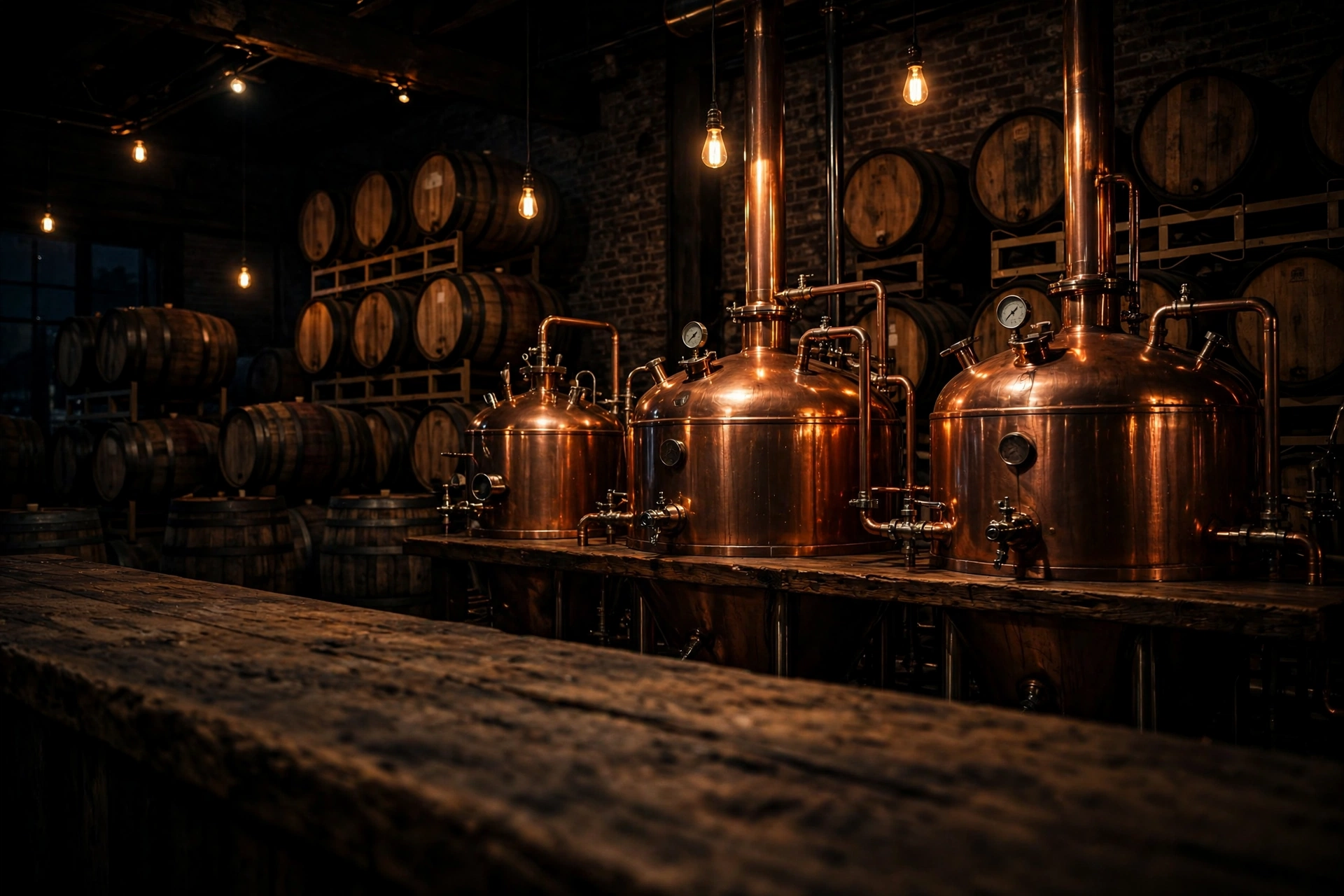 Copper brew kettles and oak barrels in the brew hall